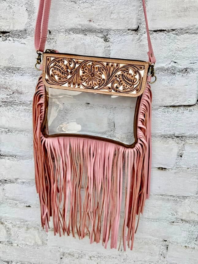 Hand Tooled Clear Purse Crossbody - Concert Game Day Stadium: WHITE/ BLACK