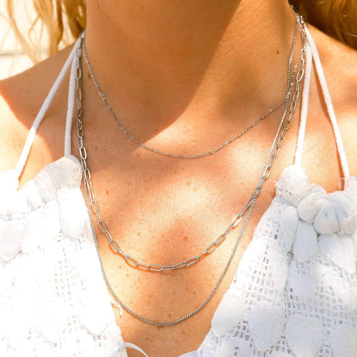 18K Gold PVD Stainless Steel Loop, Box, and Paperclip Layered Chain Necklace: Stainless