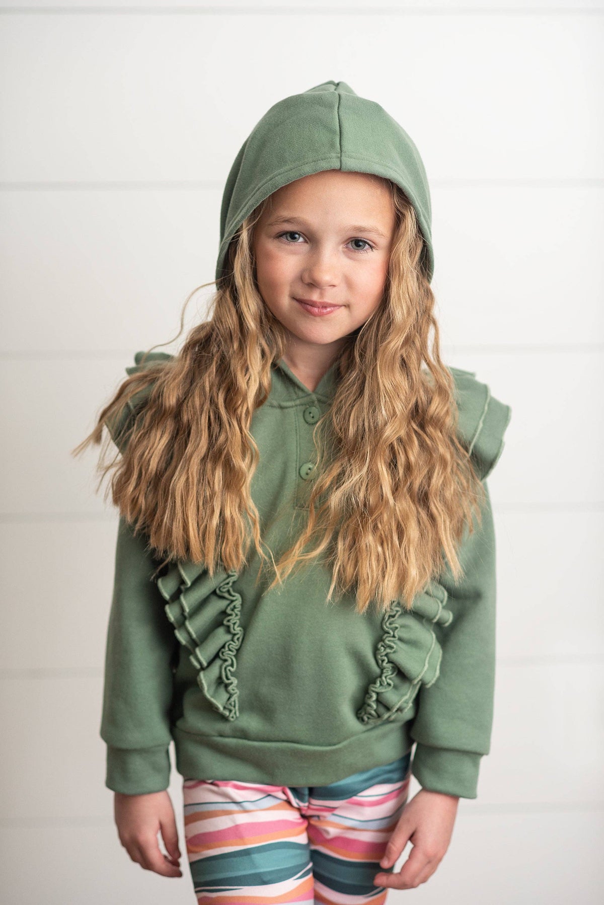 Kids Double Ruffle Button Hoodie & Stripe Leggings Set