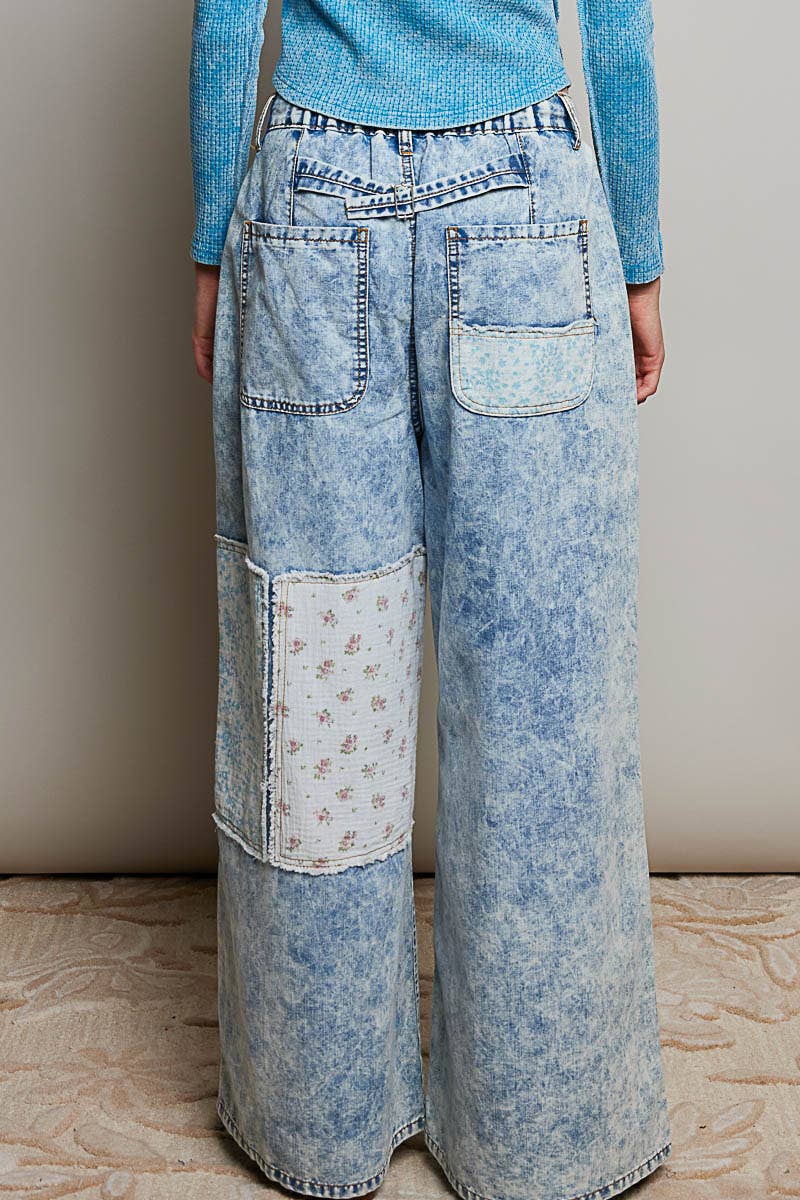 Patchwork Detail Denim Straight Fit Pants