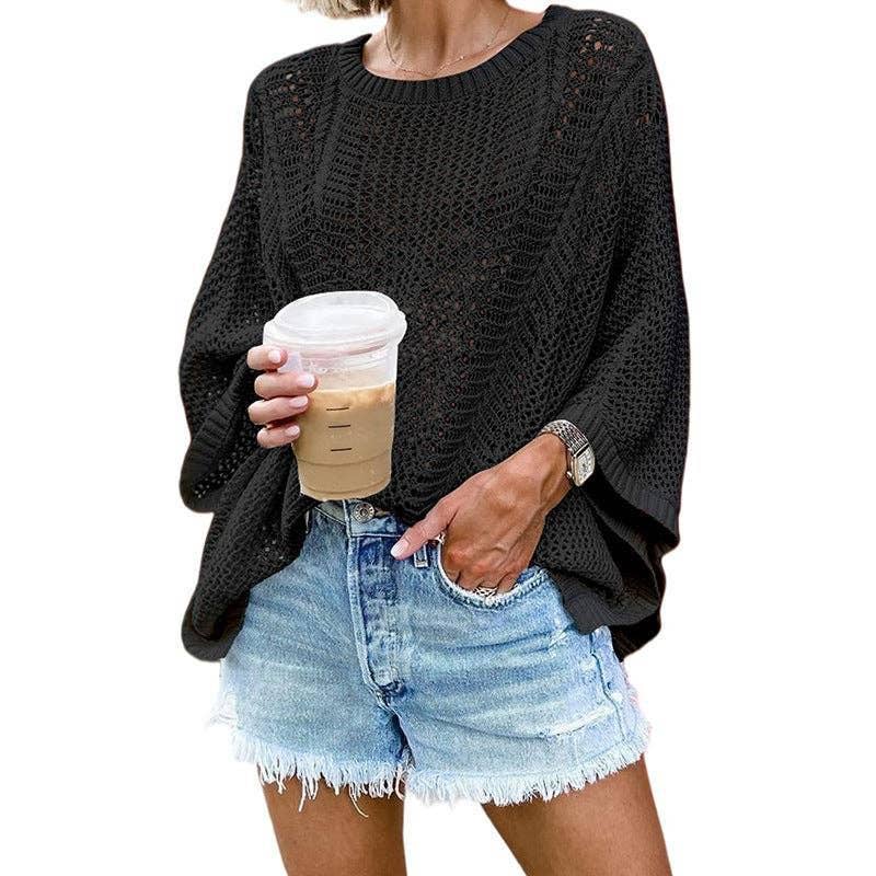Ladies Bat Sleeves Hollow Out Knit Blouse