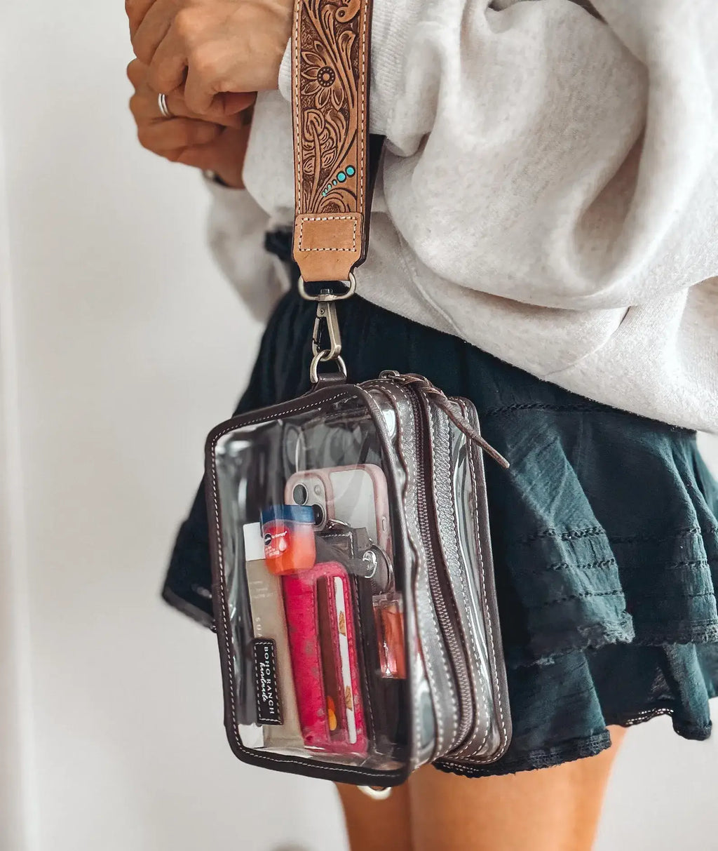 DARLA CLEAR WRISTLET | transparent western purse - game day : TAN