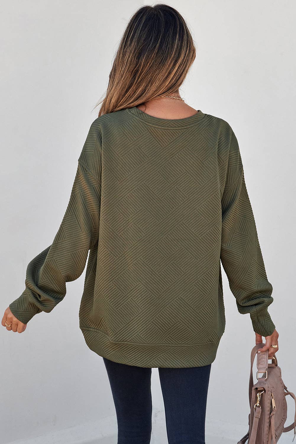 Textured Round Neck Drop Shoulder Pullover Sweatshirt - 97%Polyester+3%Elastane