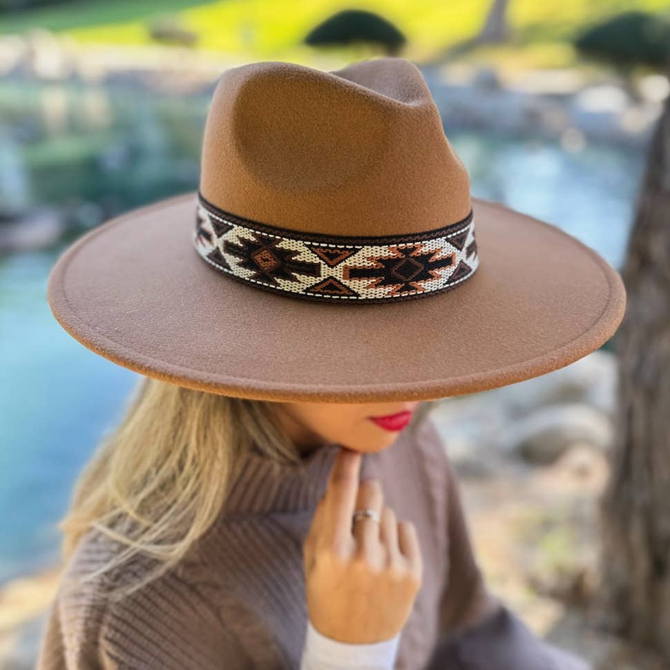 Camel Boho Fedora Hat – Western Aztec Styling Accessory: Camel / One Size
