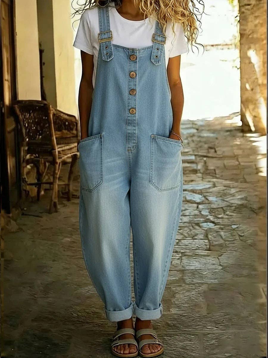 Women's Washed Denim Overalls Adjustable Strap Jumpsuit 70%Cotton+30%Polyester