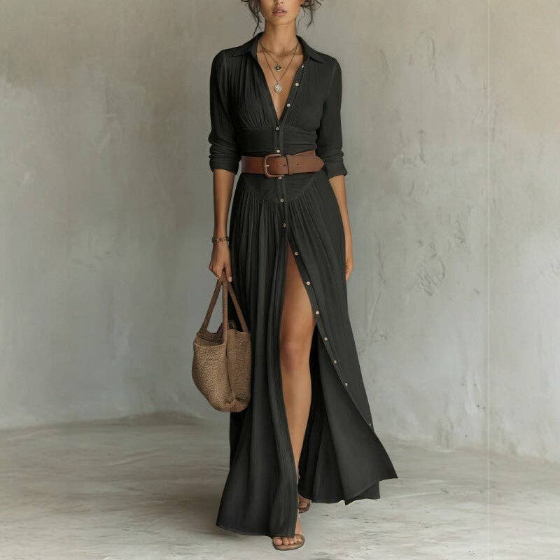 Belted V Neck Maxi Shirt Dress with Front Slit - 95%Polyester+5%Elastane