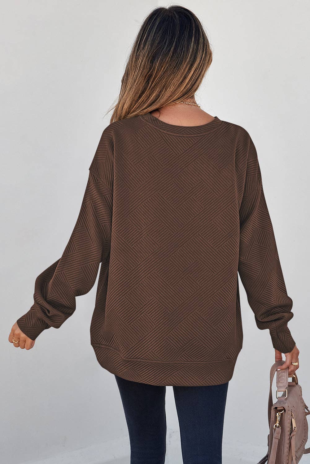 Textured Round Neck Drop Shoulder Pullover Sweatshirt - 97%Polyester+3%Elastane