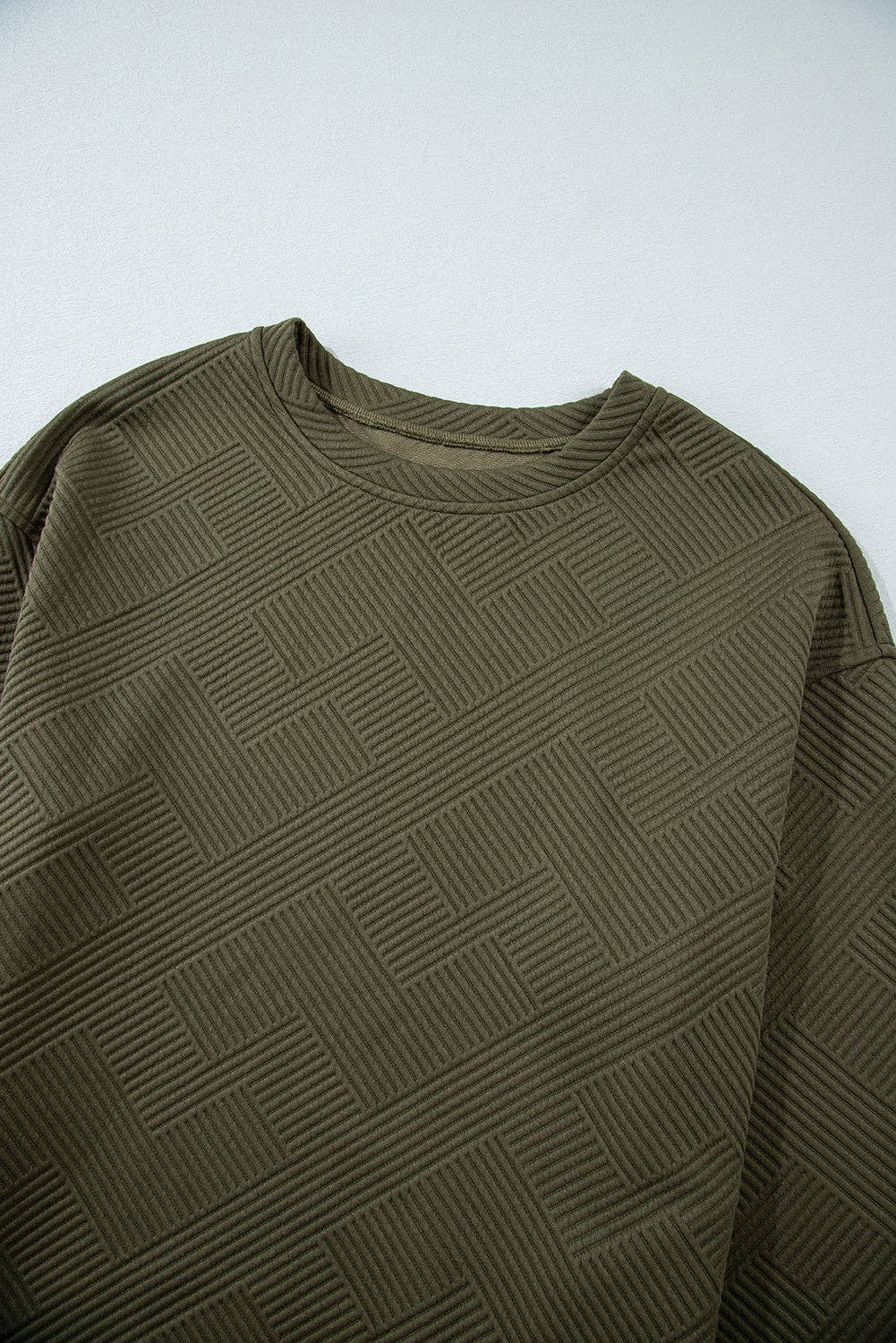 Textured Round Neck Drop Shoulder Pullover Sweatshirt - 97%Polyester+3%Elastane