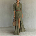 Belted V Neck Maxi Shirt Dress with Front Slit - 95%Polyester+5%Elastane