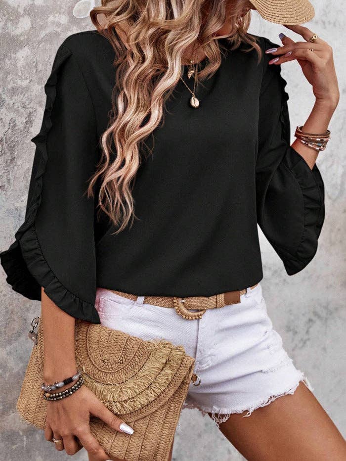 Summer Ruffle Loose Fit Sleeve Shirt - 95%+ Polyester