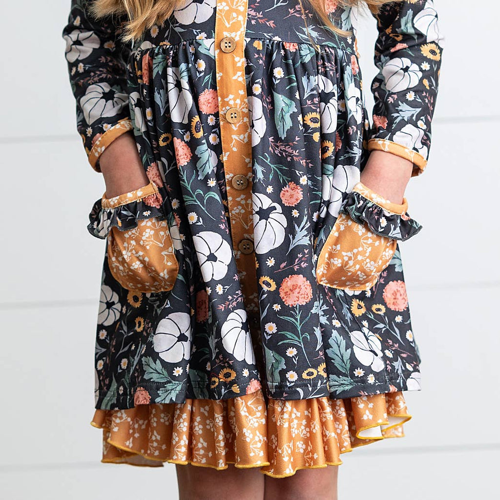 Girls Pumpkin Ruffle Pocket Button Tie Fall Dress