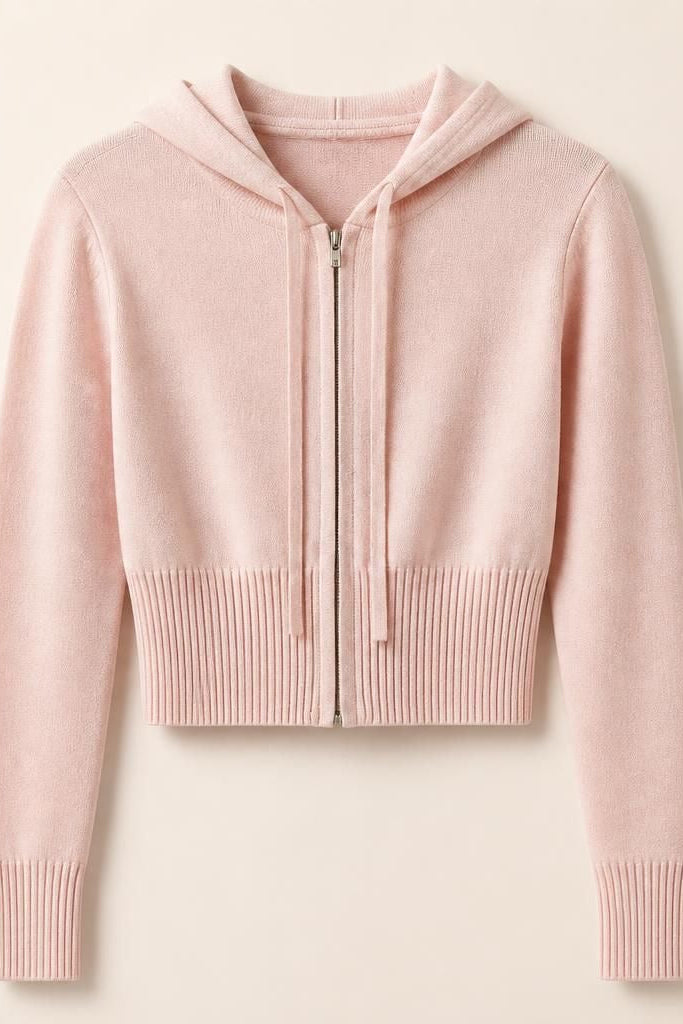 A light pink cropped zip-up hoodie with ribbed hem and cuffs, displayed flat against a warm beige background.