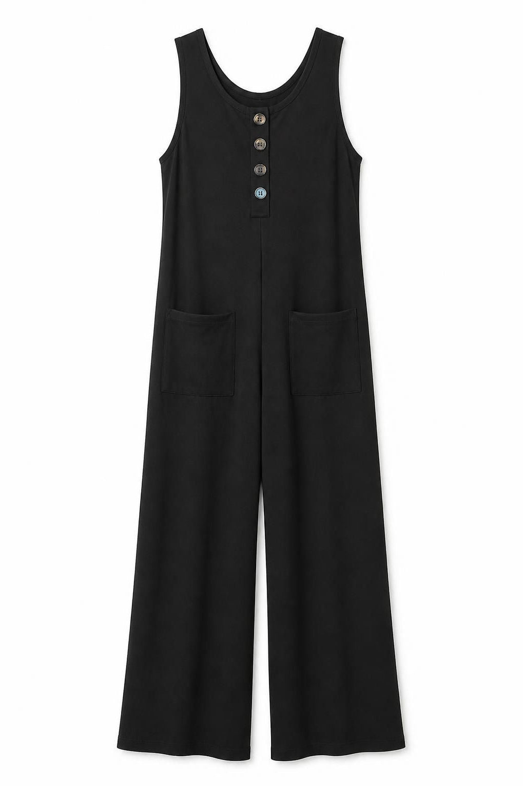 A black sleeveless wide-leg jumpsuit with a buttoned henley-style neckline and two front patch pockets, shown flat against a white background.