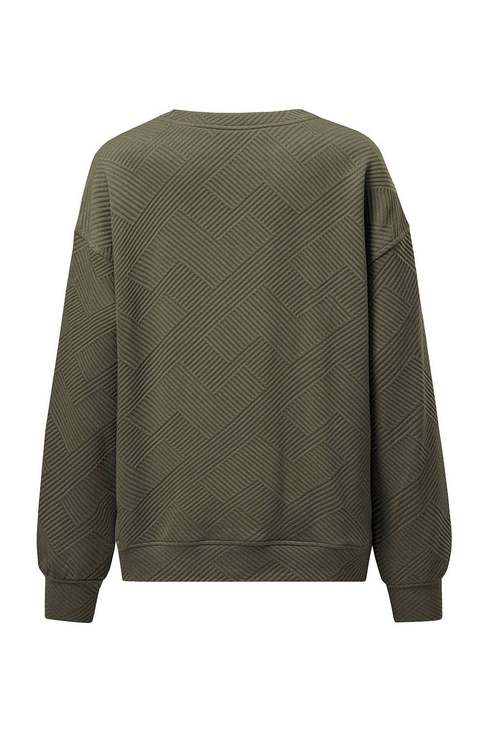 Textured Round Neck Drop Shoulder Pullover Sweatshirt - 97%Polyester+3%Elastane