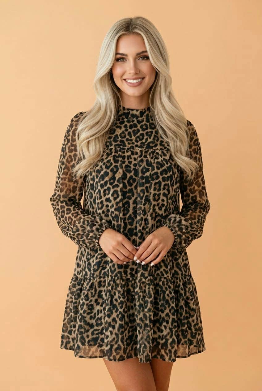 PRETTY BASH Leopard Long Sleeve Shift Mini Dress