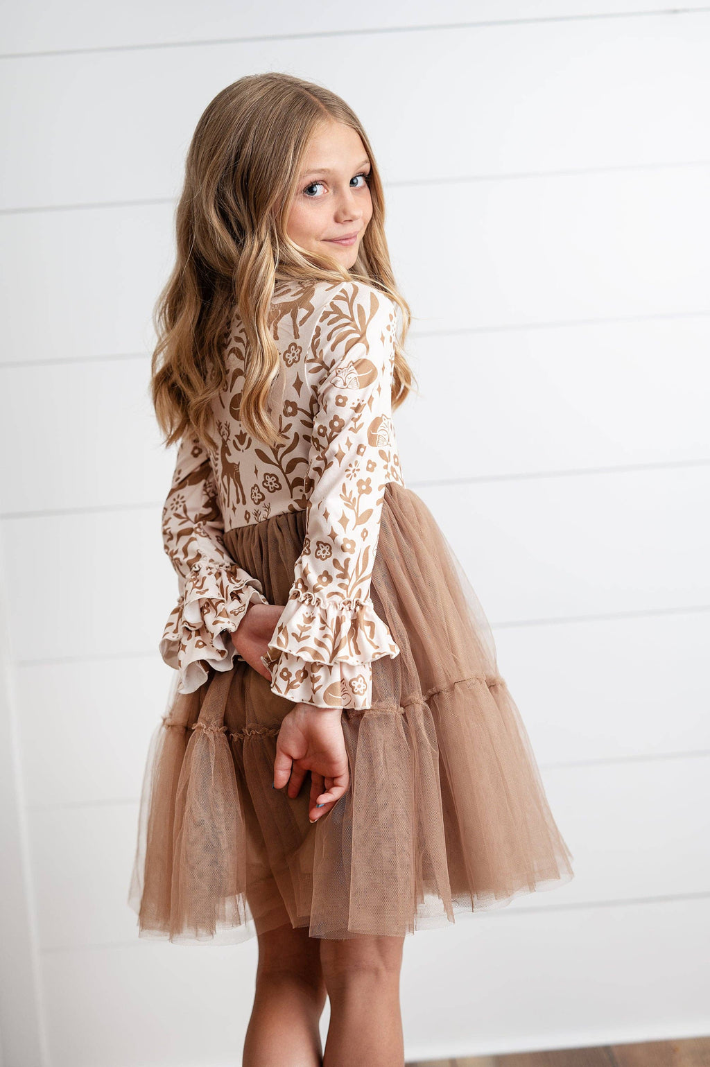 Kids Fall Winter Woodland Deer Tulle Ruffle Sleeve Dress