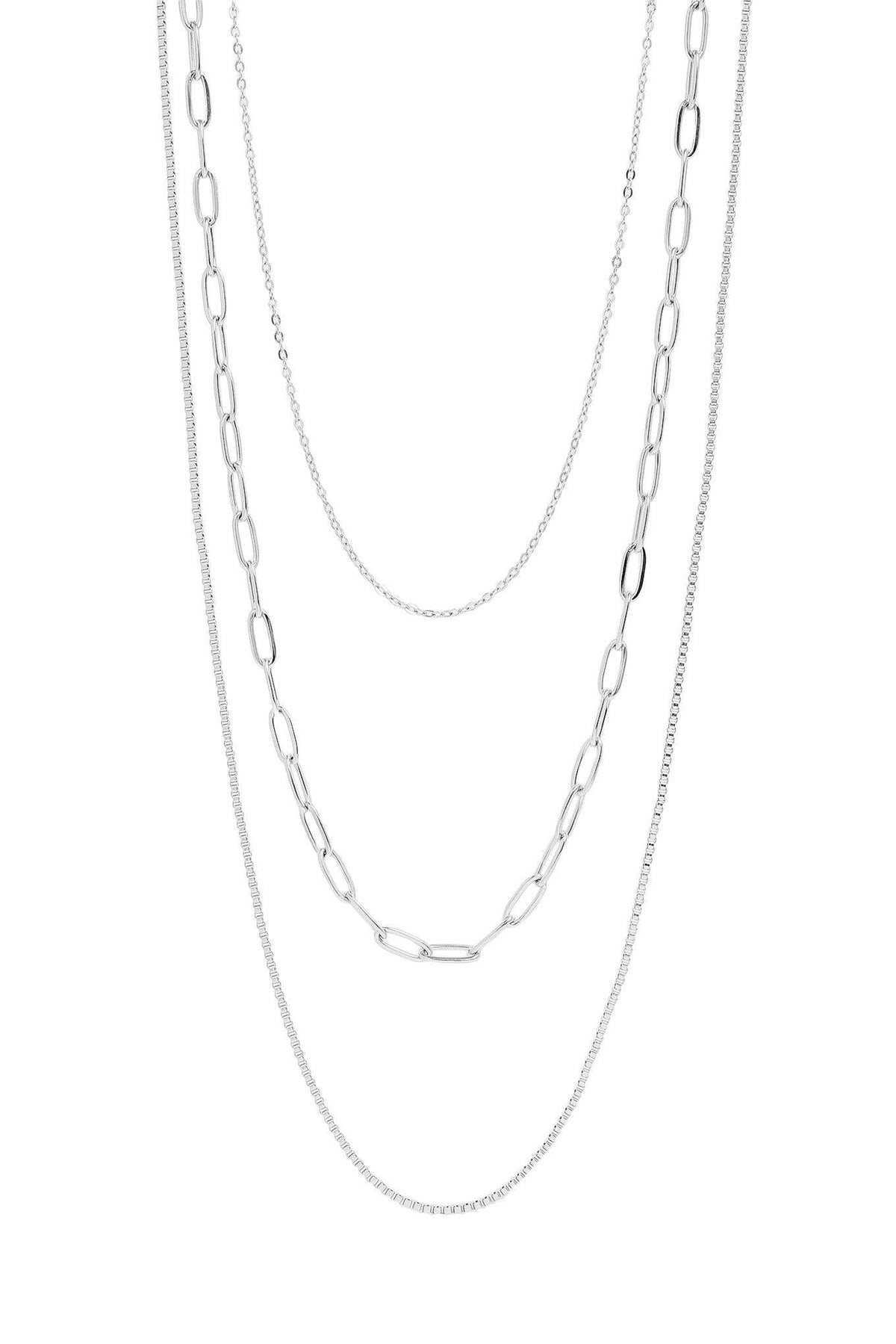 Two silver chain necklaces on a white background