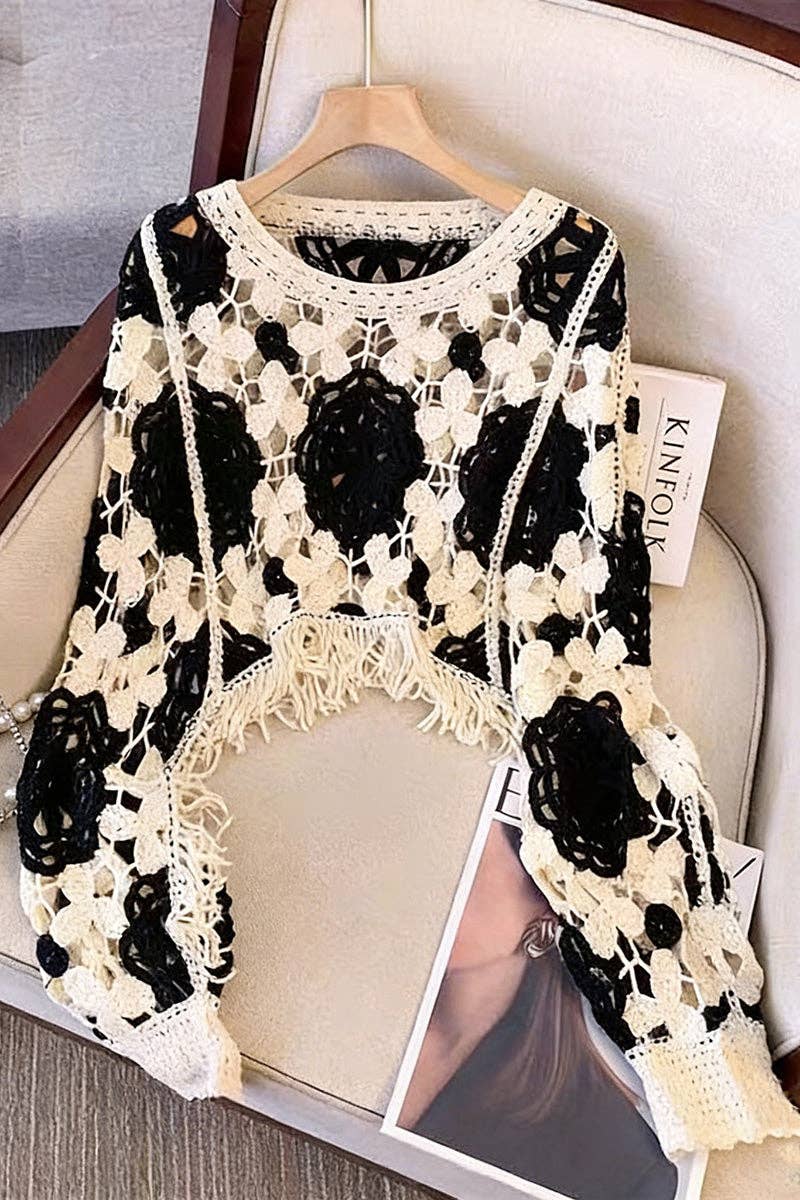 Elegant Fringe Crochet Knit Top: BROWN / One Size