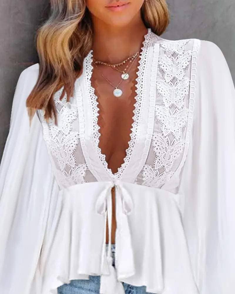 Tied detail lace patch lantern sleeve top: WHITE / 1-2-2-1 / S-M-L-XL