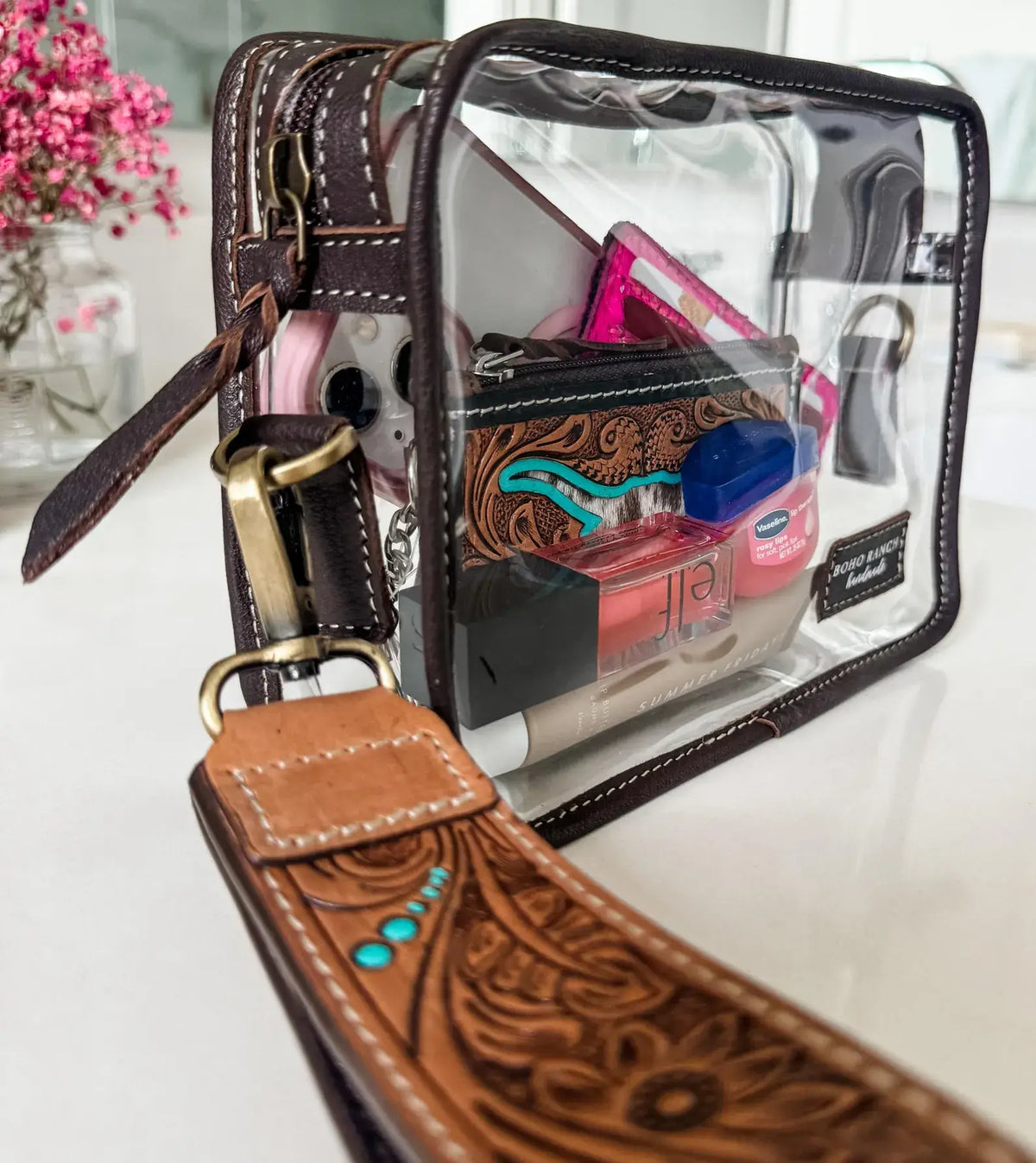 DARLA CLEAR WRISTLET | transparent western purse - game day : TAN