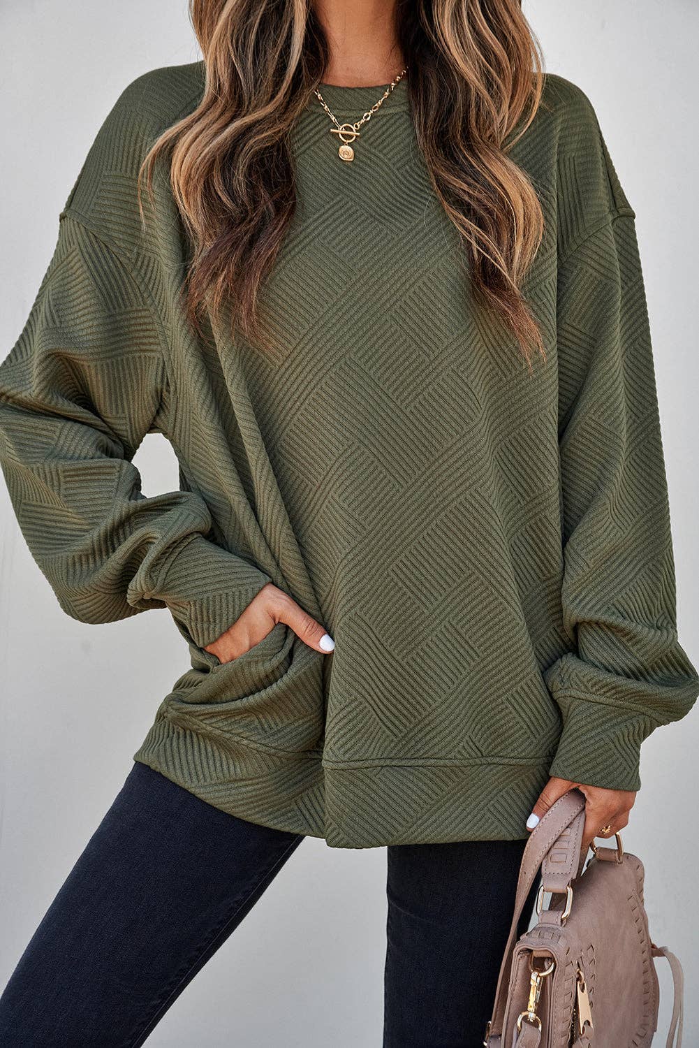 Textured Round Neck Drop Shoulder Pullover Sweatshirt - 97%Polyester+3%Elastane
