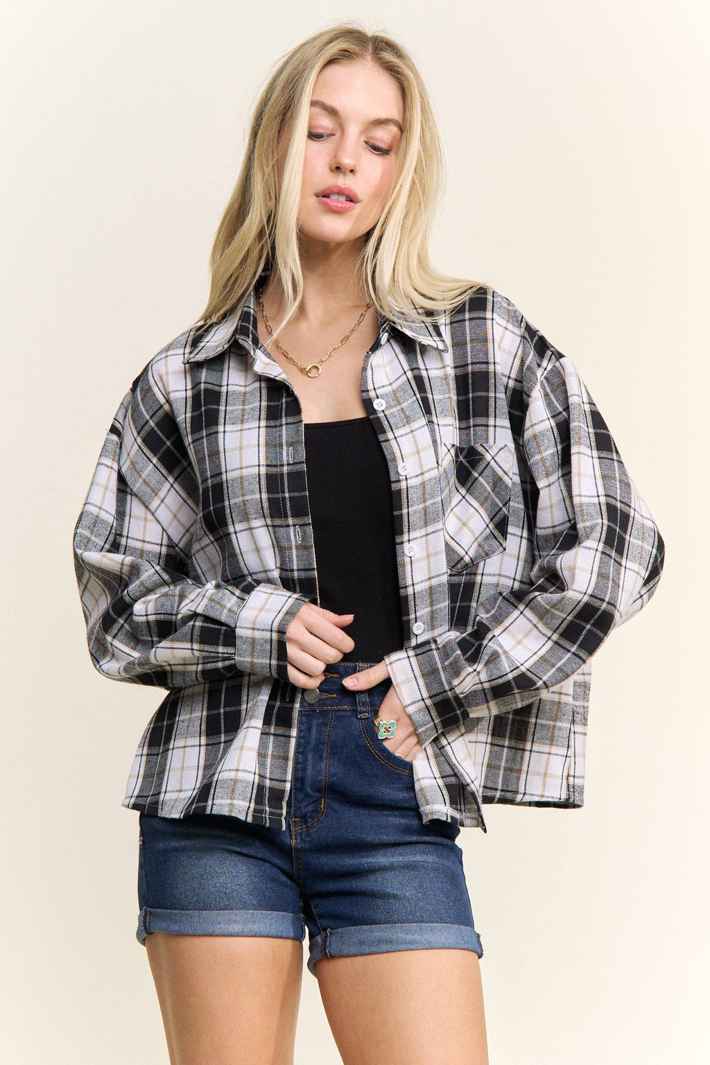 CROPPED PLAID LACE UP BACK SHIRT - CET4243: DENIM  BLUE / S-M-L(2-2-2)