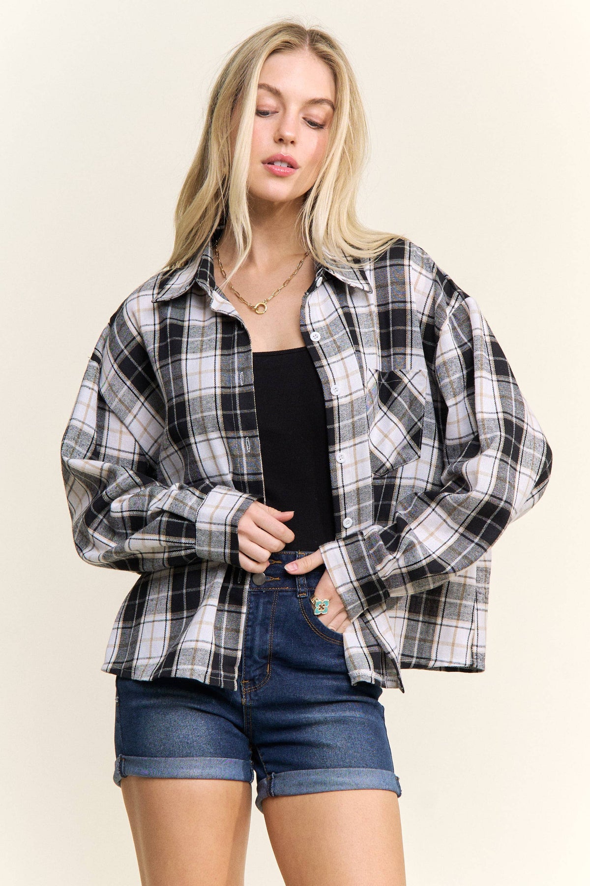 CROPPED PLAID LACE UP BACK SHIRT - CET4243: DENIM  BLUE / S-M-L(2-2-2)