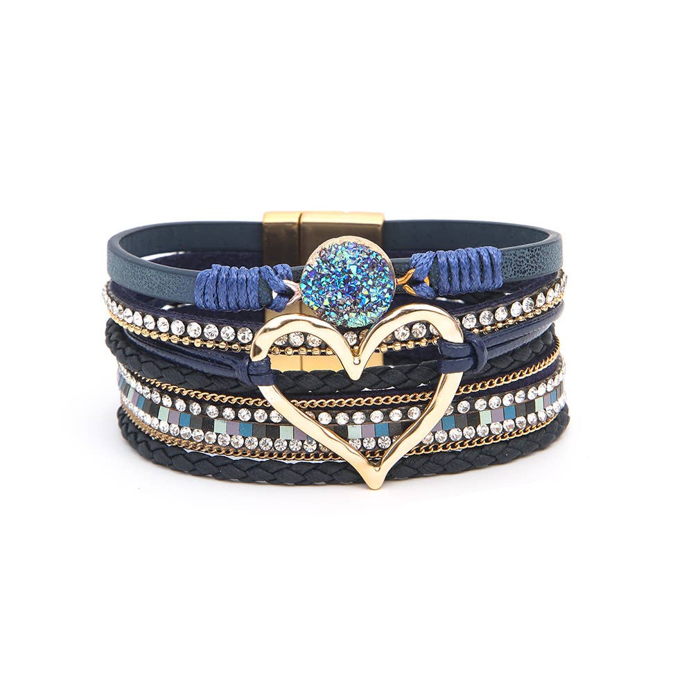 Boho Layered Heart Charm Rhinestone Magnetic Bracelet: Beige / Alloy / ONE SIZE