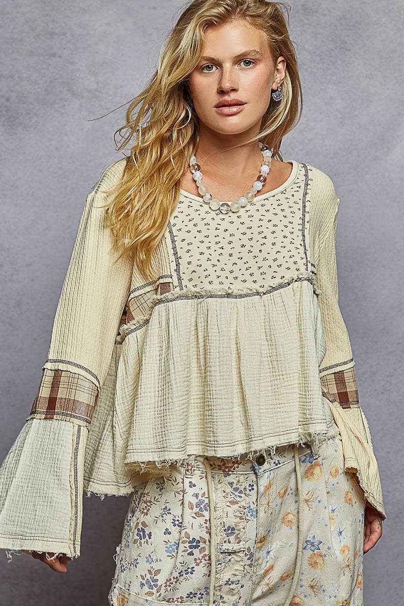 Long sleeve plaid contrast double gauze woven top