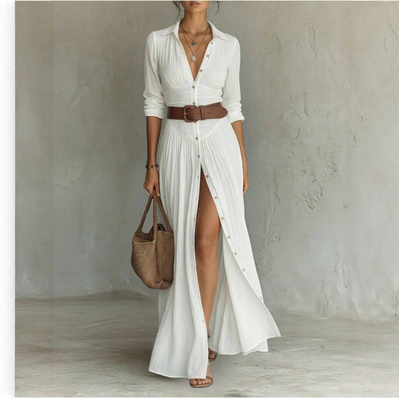 Belted V Neck Maxi Shirt Dress with Front Slit - 95%Polyester+5%Elastane