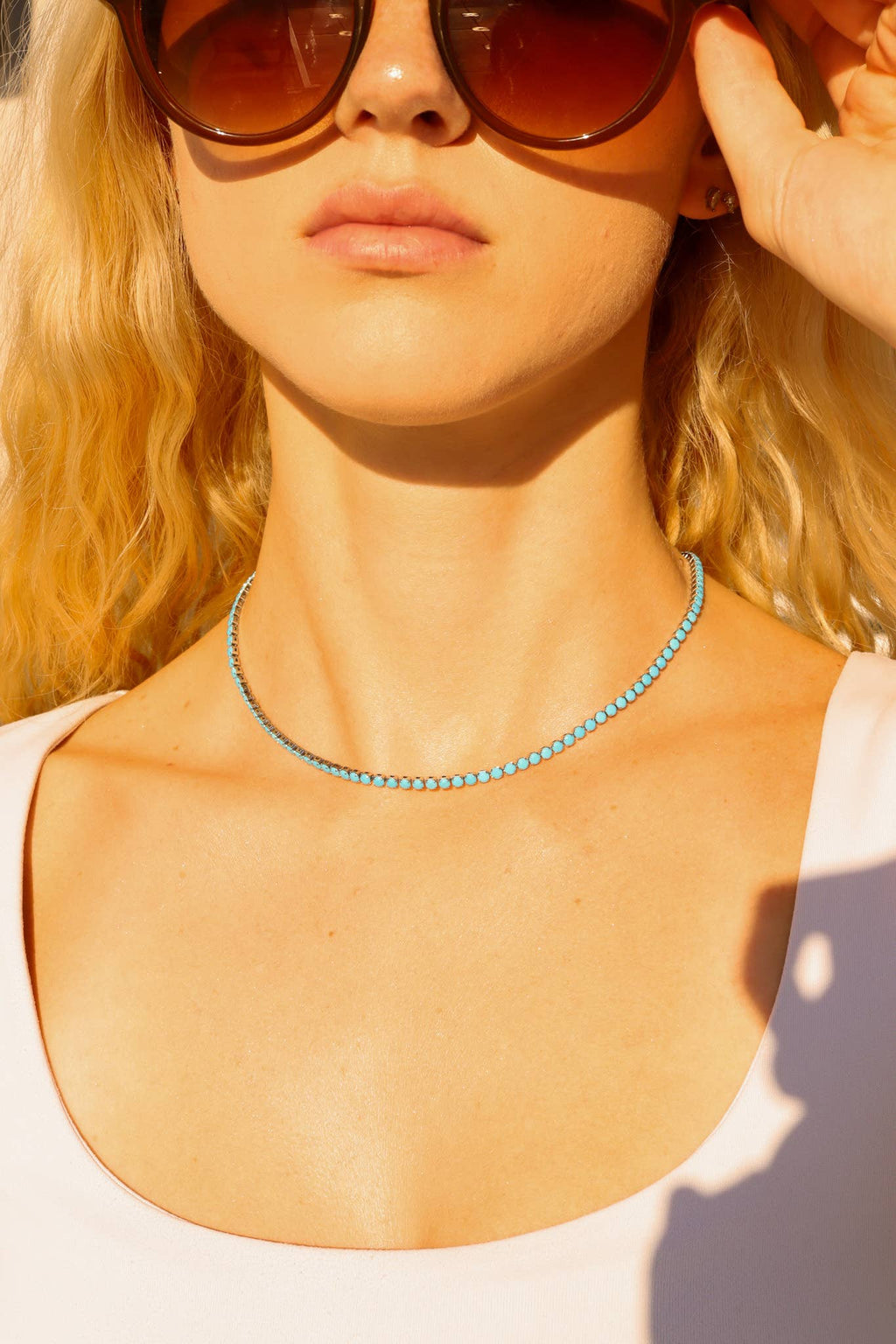 18k Gold Turquoise Rhinestone Tennis Chain Necklace: 16"+2" / 3mm