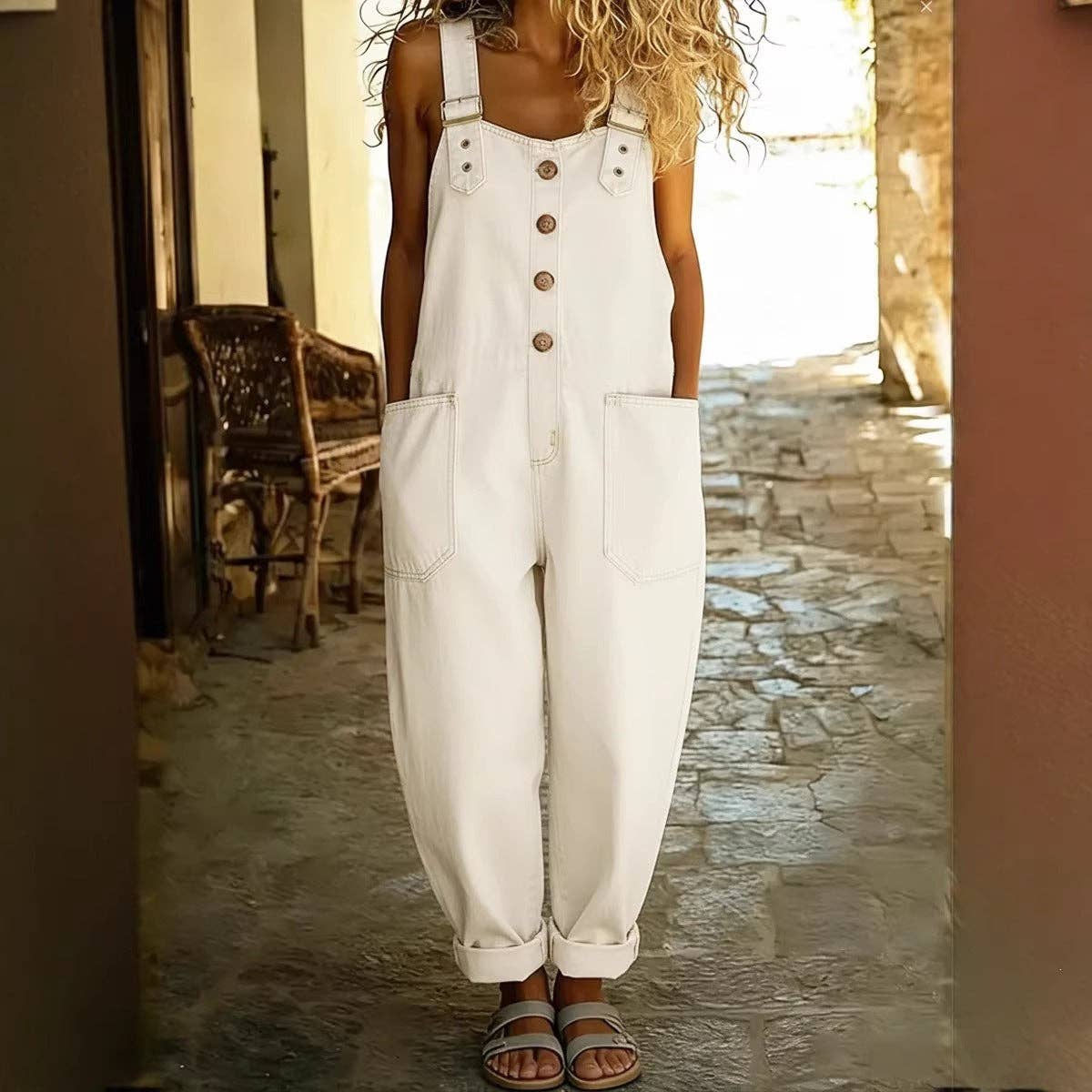 Women's Washed Denim Overalls Adjustable Strap Jumpsuit 70%Cotton+30%Polyester