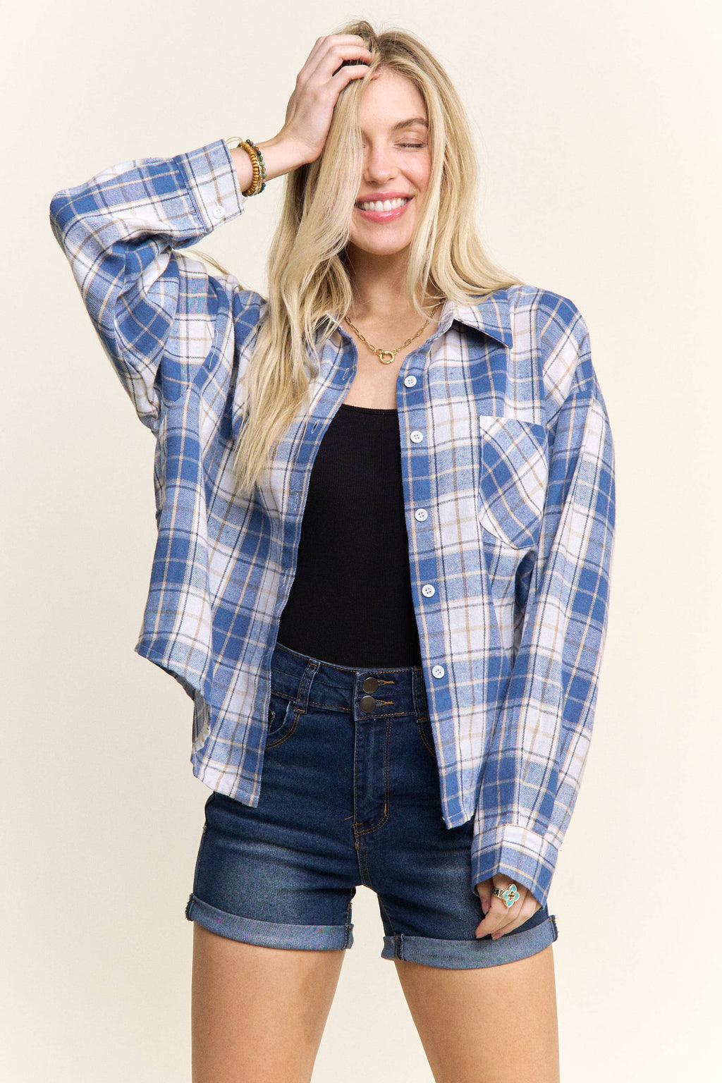 CROPPED PLAID LACE UP BACK SHIRT - CET4243: DENIM  BLUE / S-M-L(2-2-2)