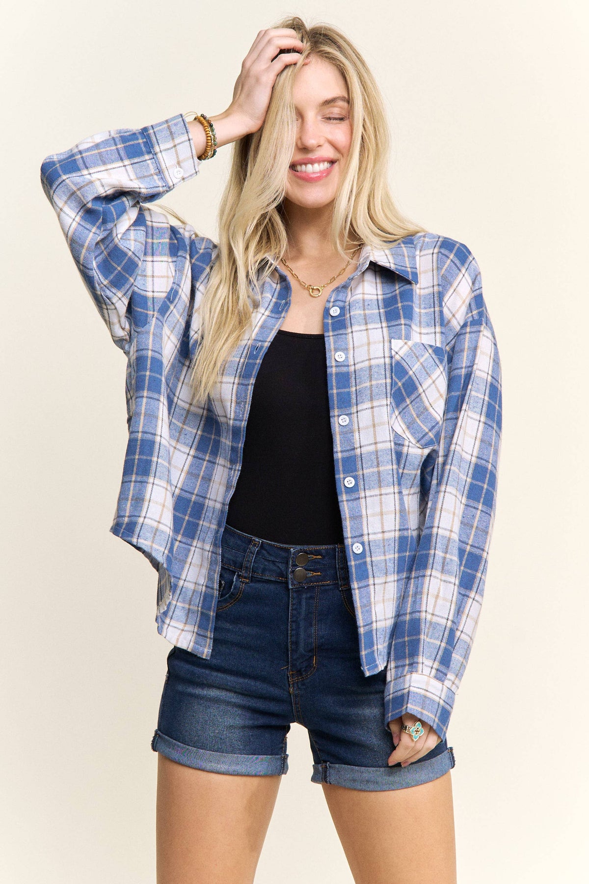 CROPPED PLAID LACE UP BACK SHIRT - CET4243: DENIM  BLUE / S-M-L(2-2-2)