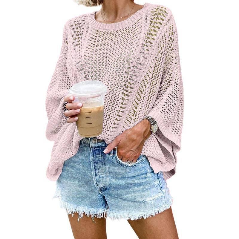 Ladies Bat Sleeves Hollow Out Knit Blouse