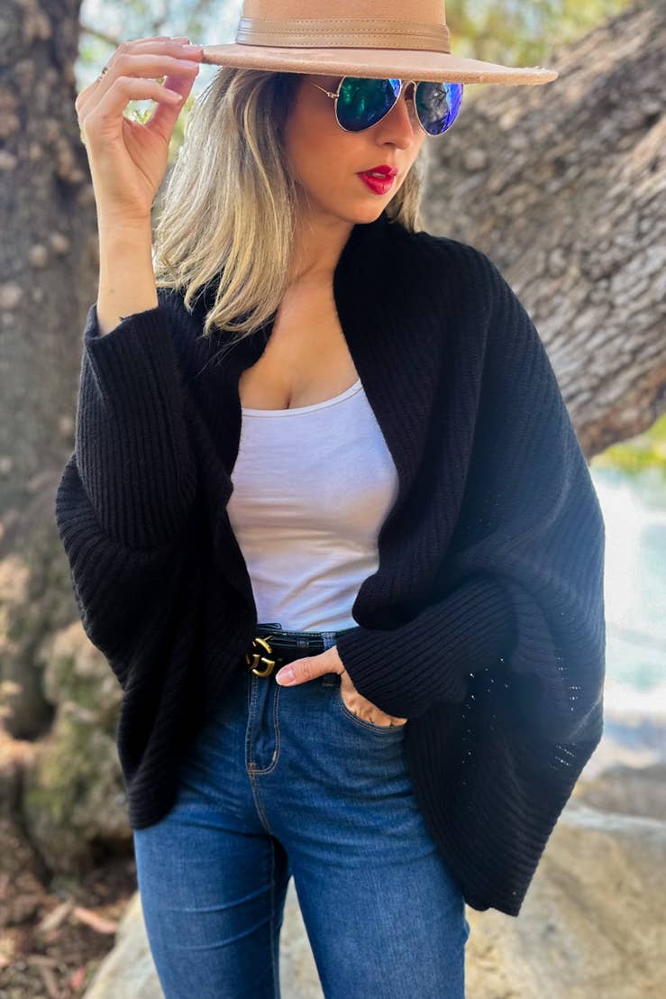 Black Soft Rib Knitted Shrug Cardigan: Black / One Size