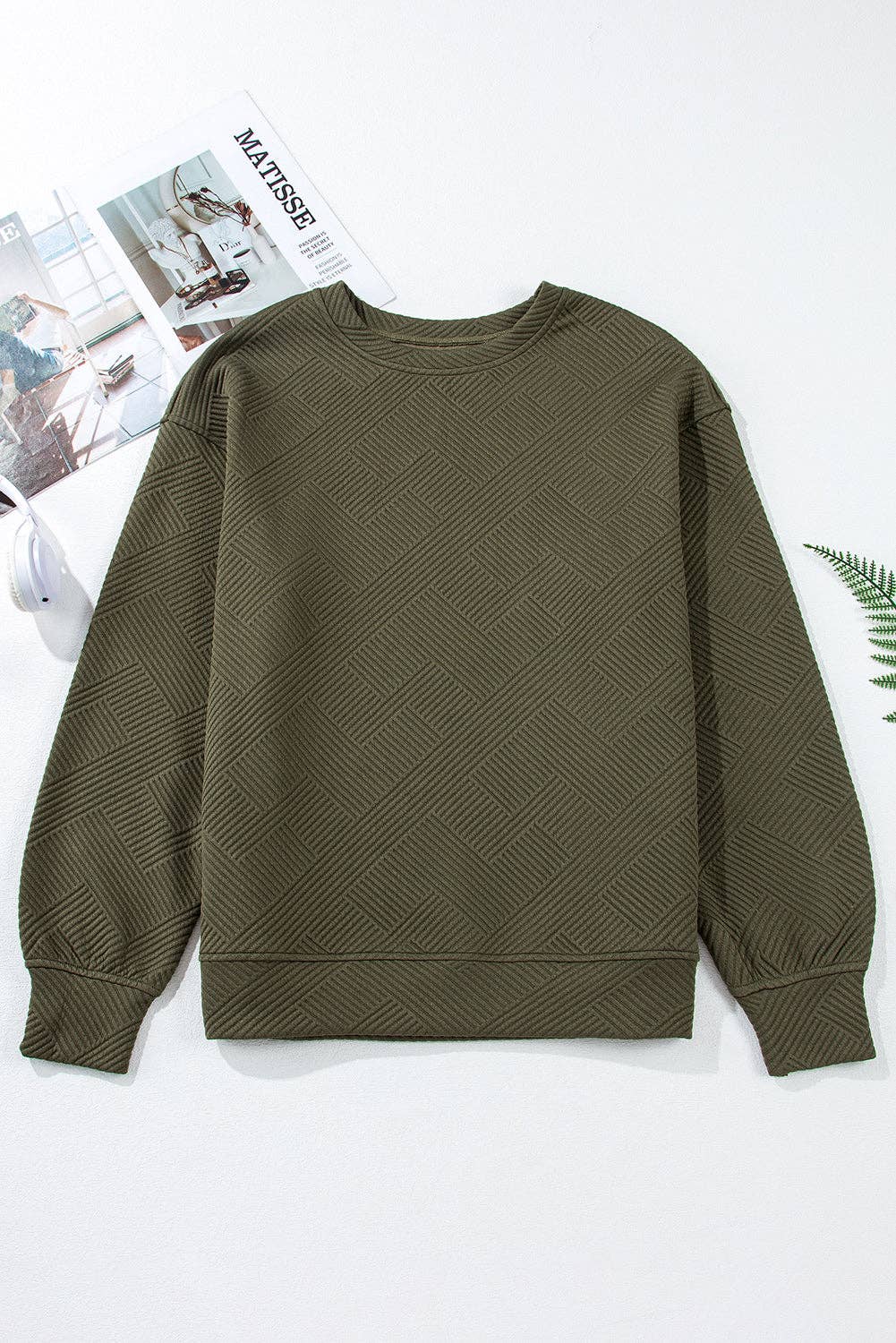 Textured Round Neck Drop Shoulder Pullover Sweatshirt - 97%Polyester+3%Elastane