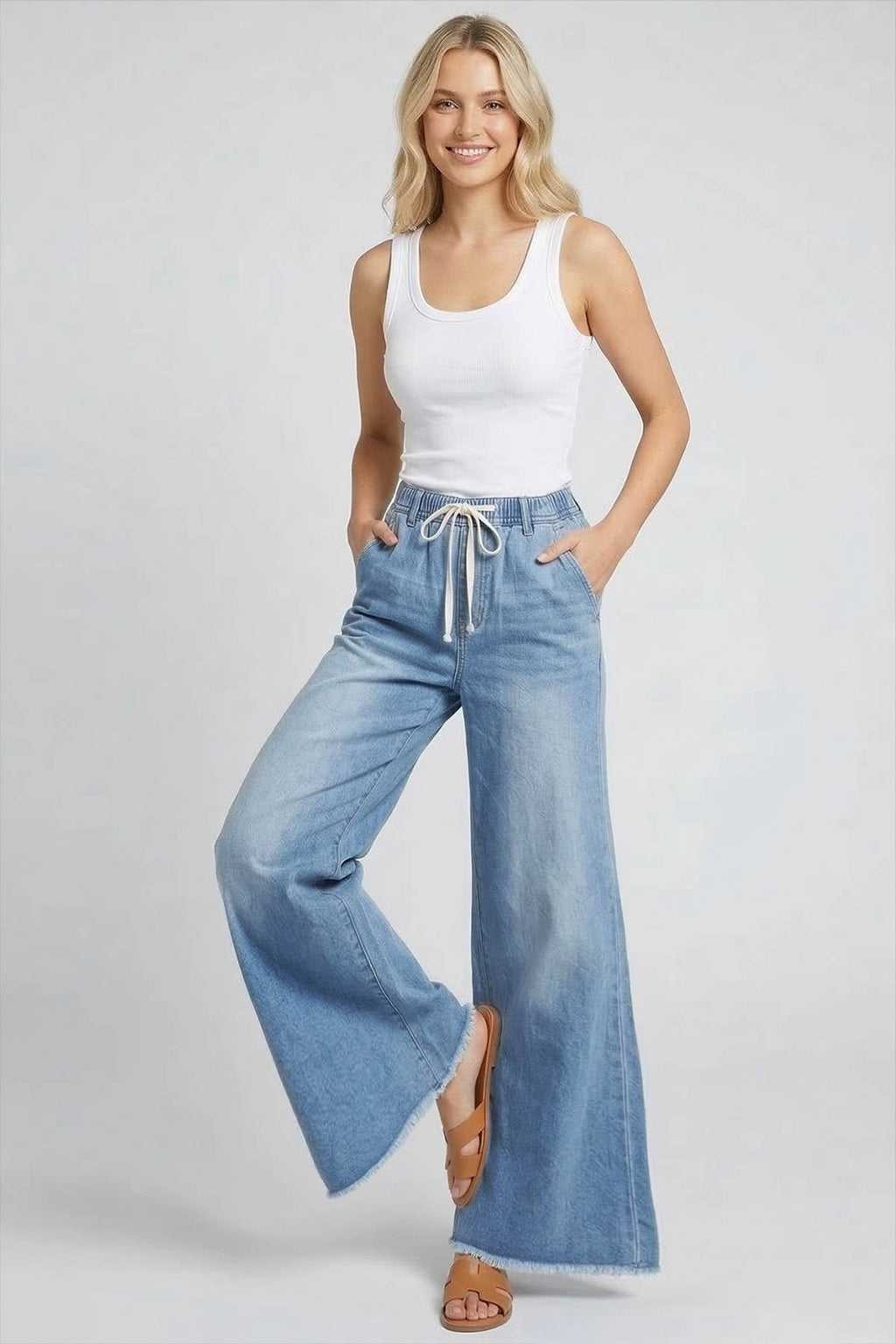 WIDE LEG DRAWSTRING DETAILED CASUAL JEANS W2440PIA