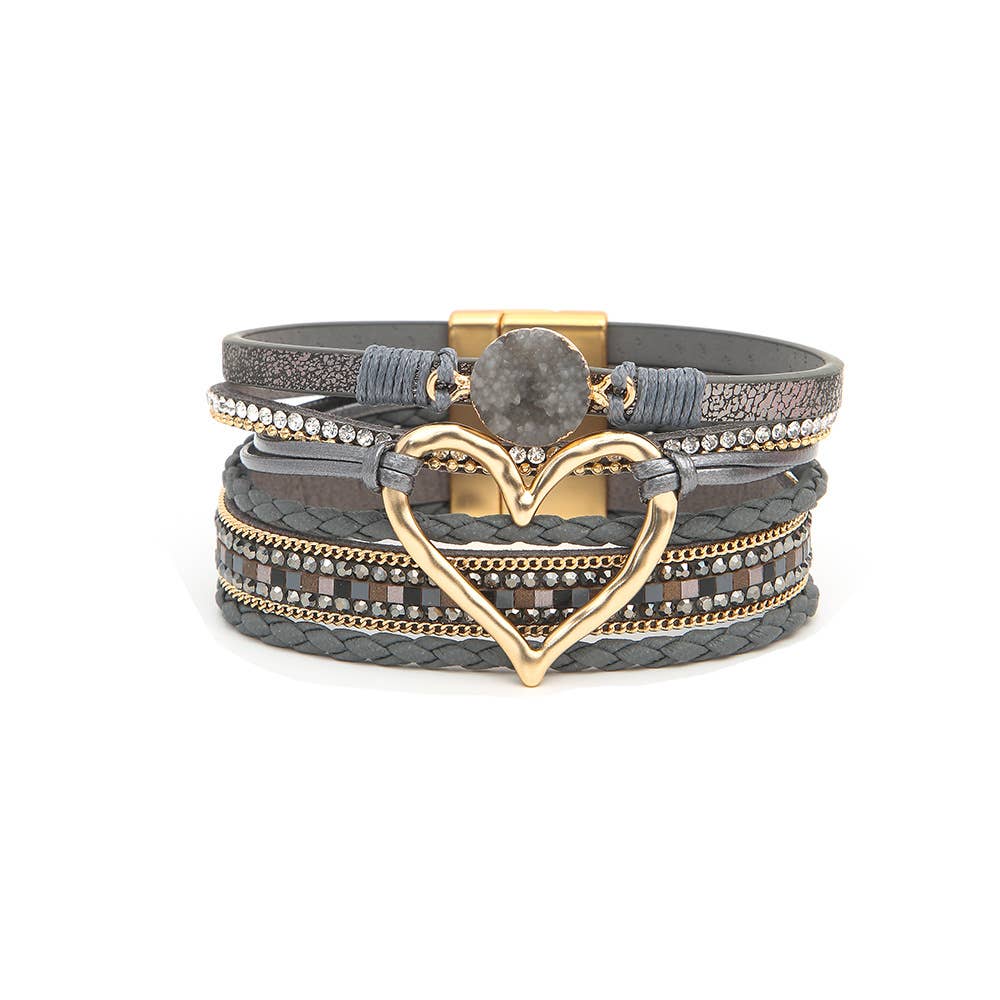 Boho Layered Heart Charm Rhinestone Magnetic Bracelet: Beige / Alloy / ONE SIZE