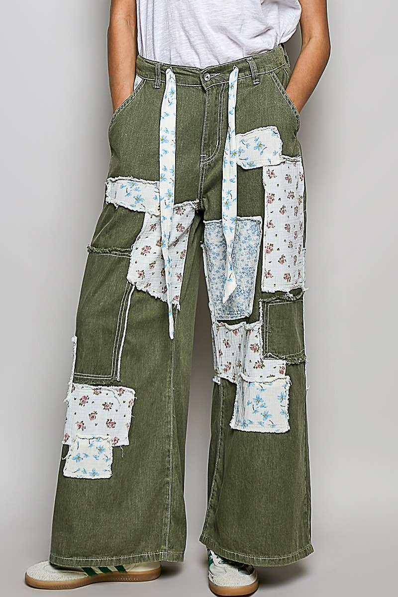 Patchwork Detail Denim Straight Fit Pants