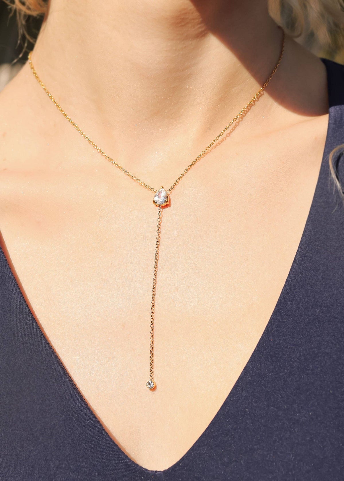 18K Gold PVD Stainless Steel Teardrop CZ Lariat Necklace: Stainless