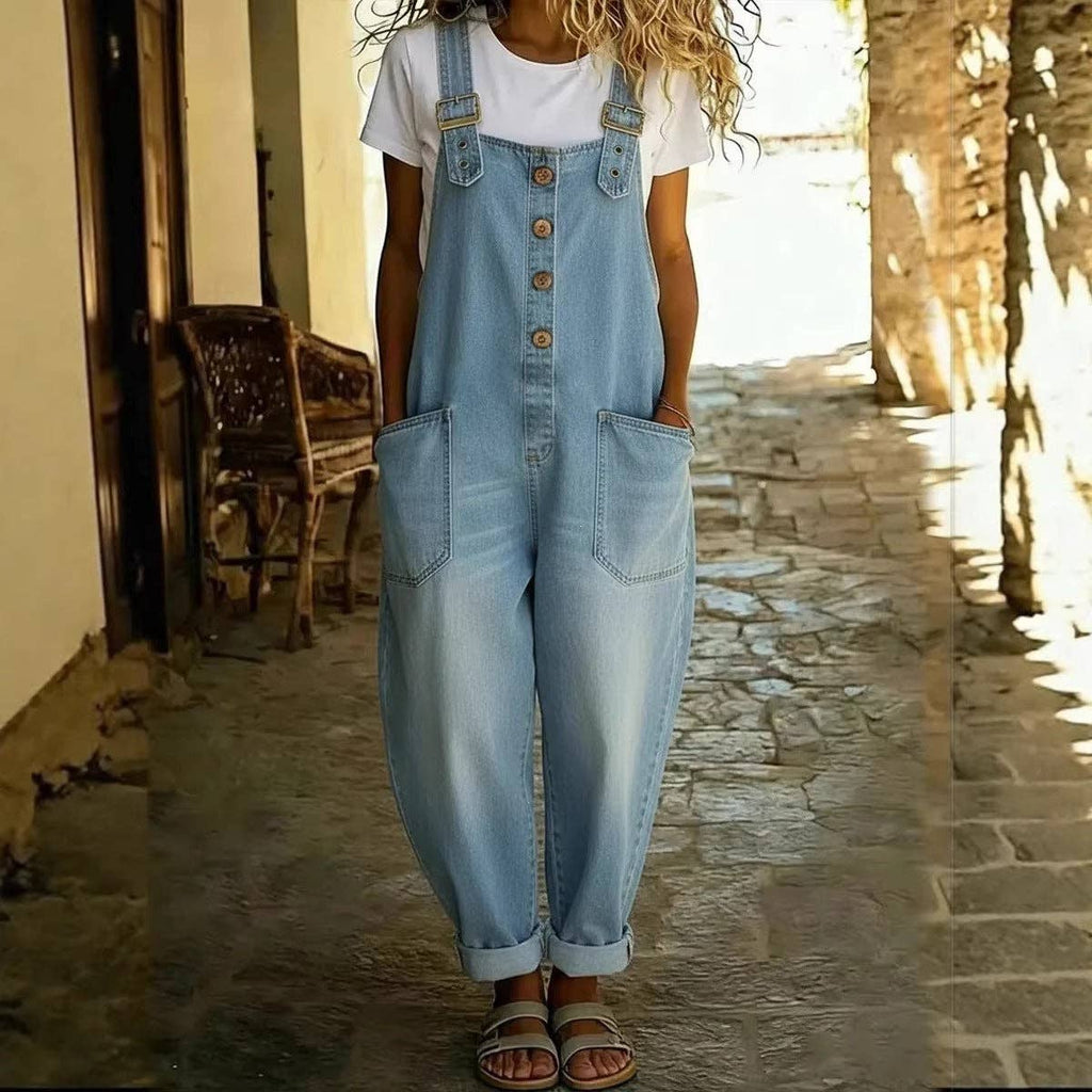 Women's Washed Denim Overalls Adjustable Strap Jumpsuit 70%Cotton+30%Polyester