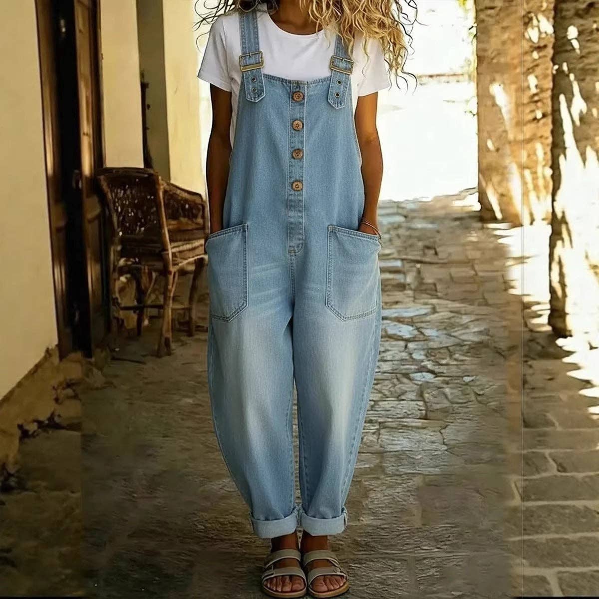 Women's Washed Denim Overalls Adjustable Strap Jumpsuit 70%Cotton+30%Polyester