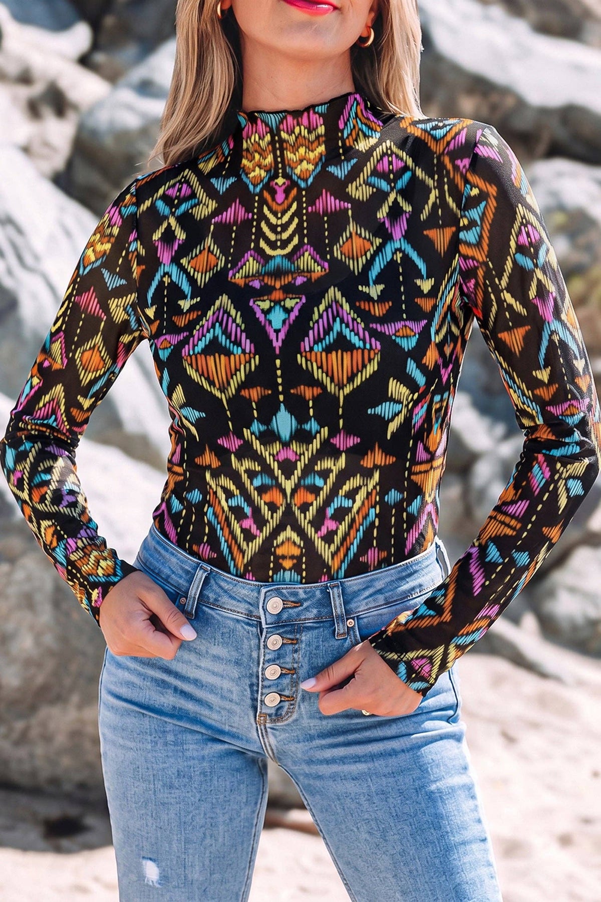 PRETTY BASH Long Sleeve Stand Neck Mesh Top