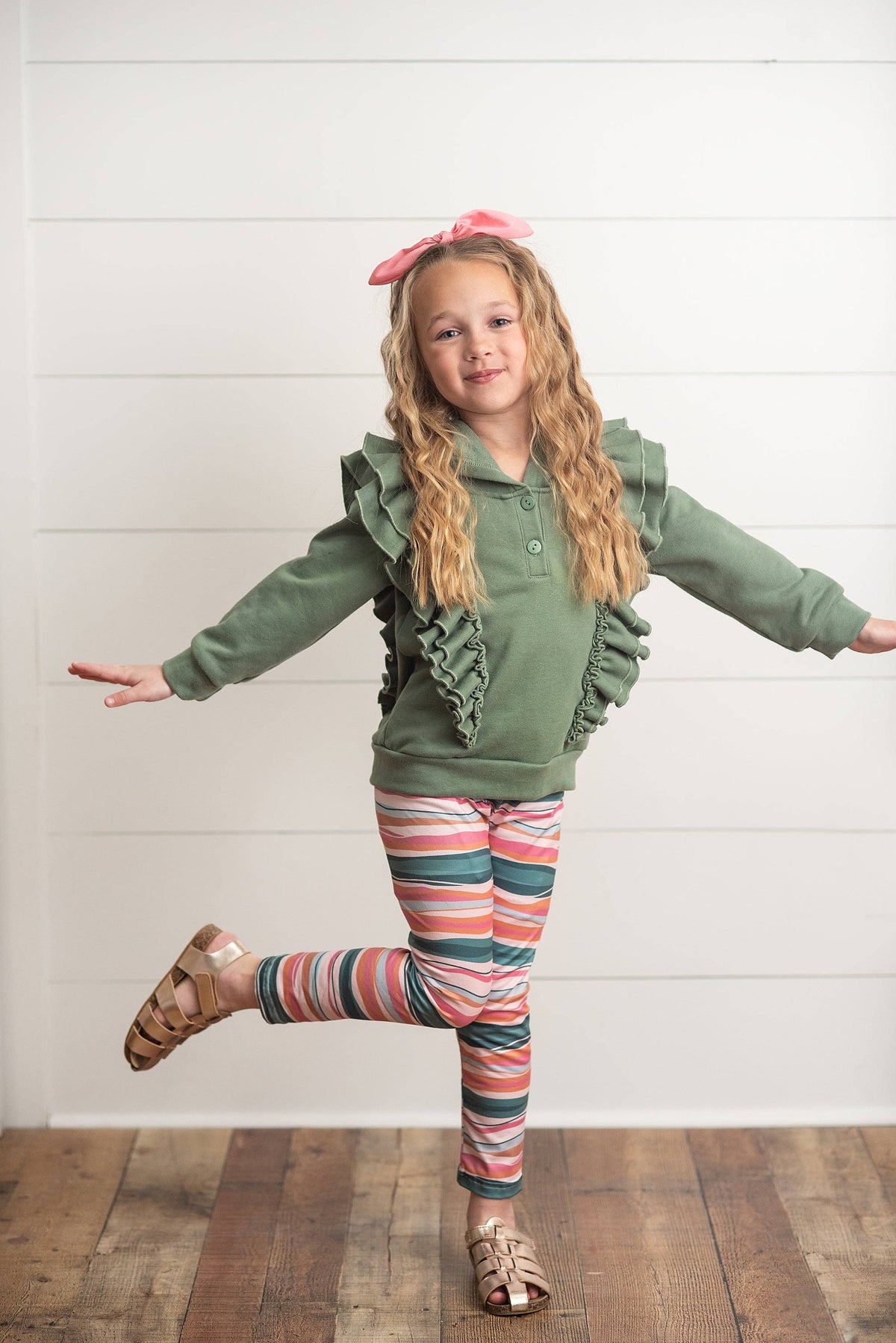 Kids Double Ruffle Button Hoodie & Stripe Leggings Set