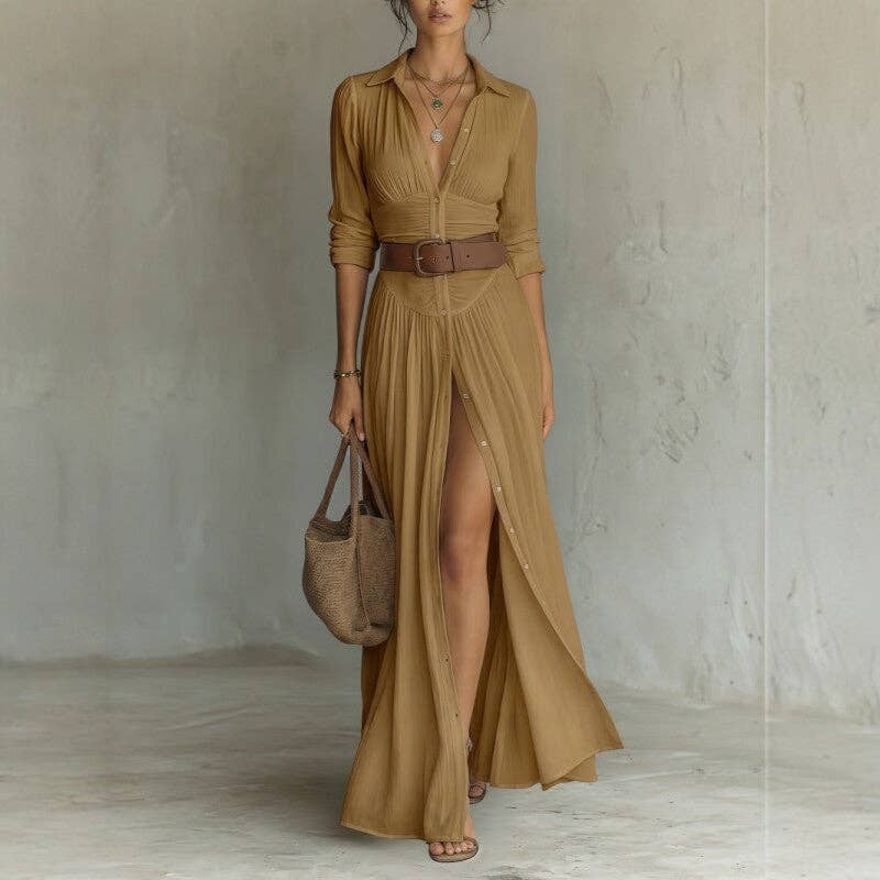 Belted V Neck Maxi Shirt Dress with Front Slit - 95%Polyester+5%Elastane