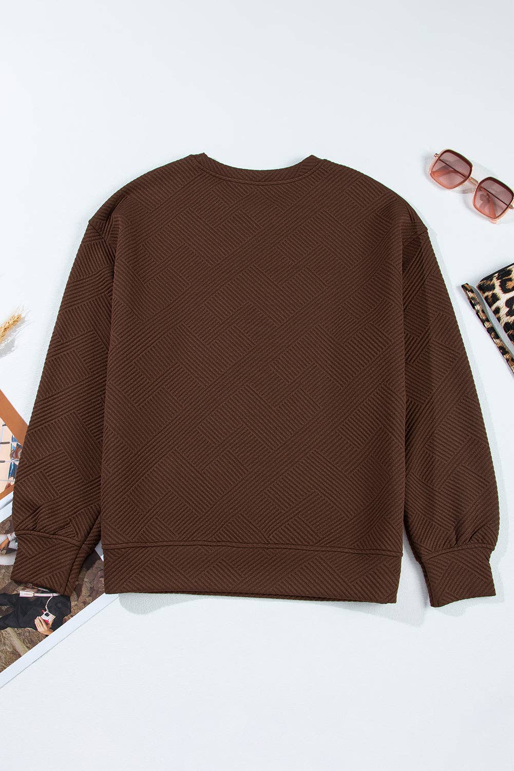 Textured Round Neck Drop Shoulder Pullover Sweatshirt - 97%Polyester+3%Elastane
