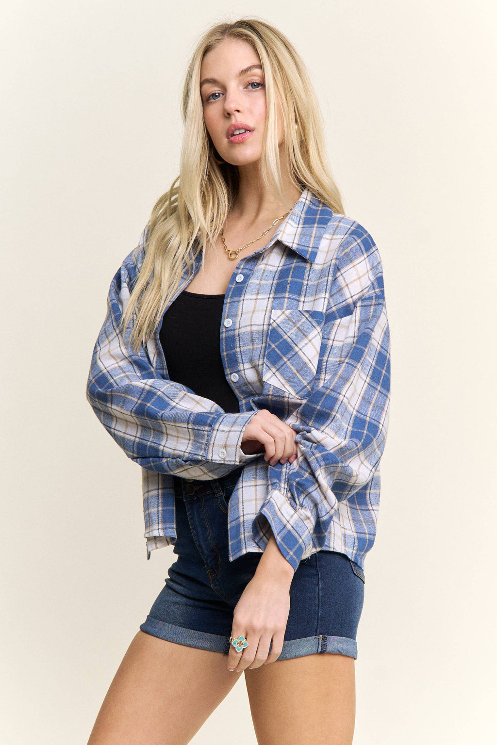 CROPPED PLAID LACE UP BACK SHIRT - CET4243: DENIM  BLUE / S-M-L(2-2-2)