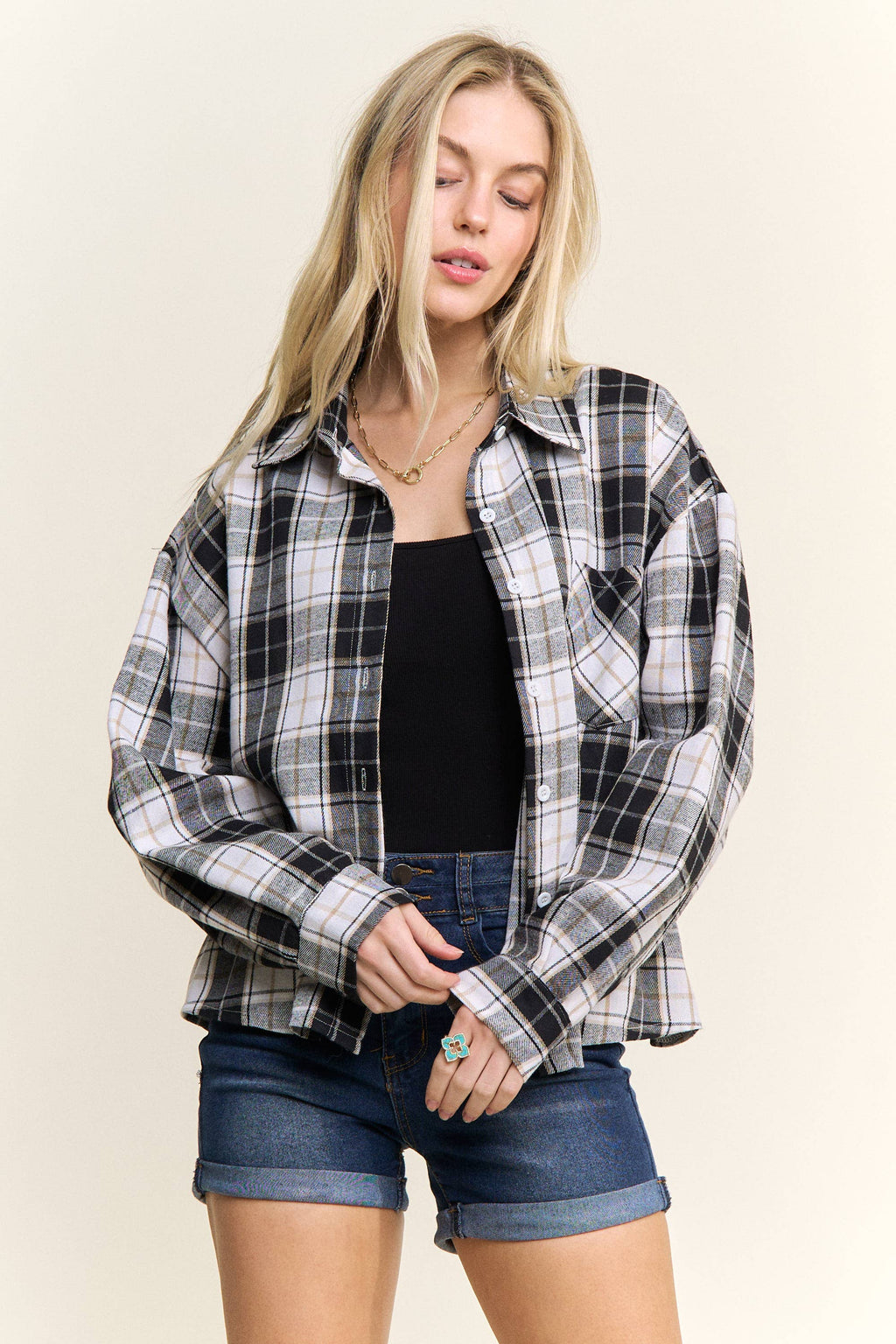 CROPPED PLAID LACE UP BACK SHIRT - CET4243: DENIM  BLUE / S-M-L(2-2-2)