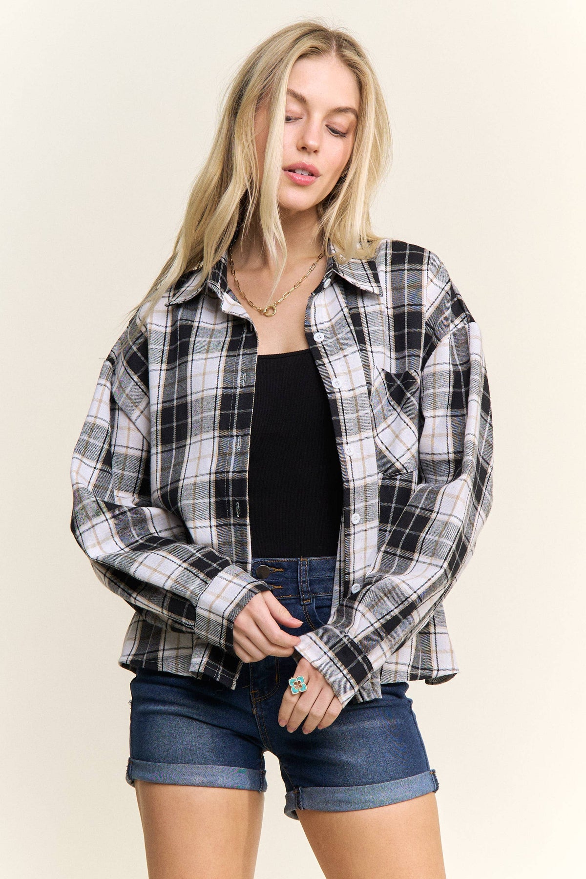 CROPPED PLAID LACE UP BACK SHIRT - CET4243: DENIM  BLUE / S-M-L(2-2-2)